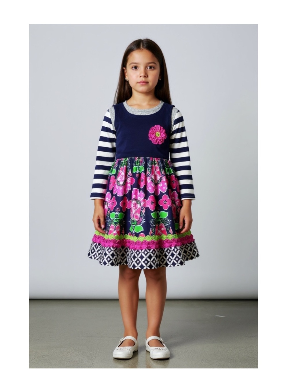 Navy & Pink Floral Stripe Girls' Casual Sweater Dress with Decorative Flower - Picture 14 of 14